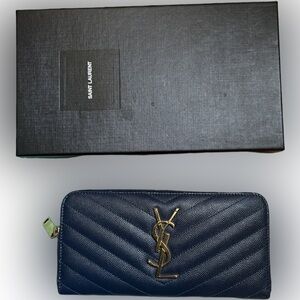 Saint Laurent Navy Blue Wallet with Gold YSL 🔥
